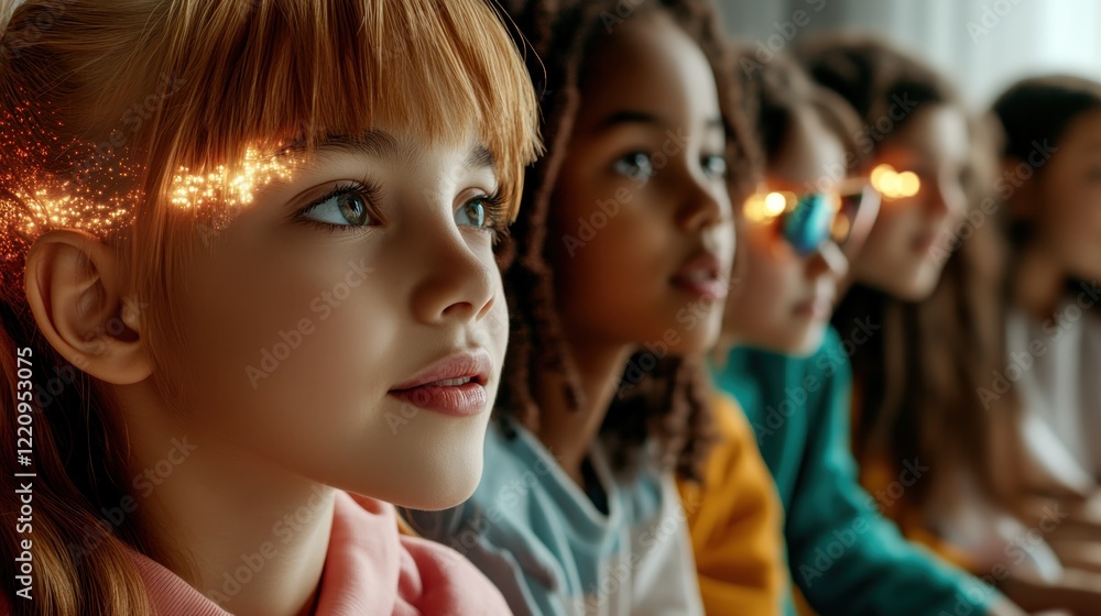 Poster explore a futuristic digital classroom with students attending via glowing holograms, representing a