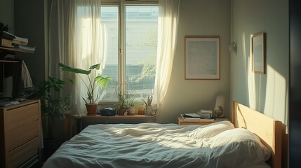 Sunlit Bedroom with White Bedding and Plants