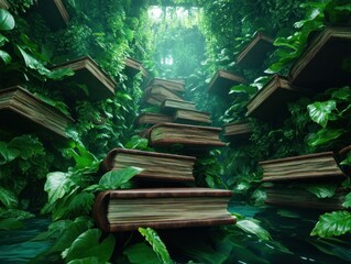 Explore a captivating ethereal library, where floating books lead to glowing screens and vibrant virtual learning devices Immerse yourself in the realm of digital learning, where knowledge transcends