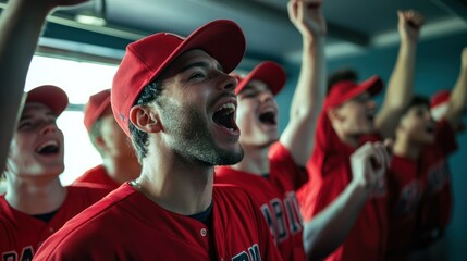 Fototapeta premium A baseball team singing the team anthem in the locker room before heading onto the field.
