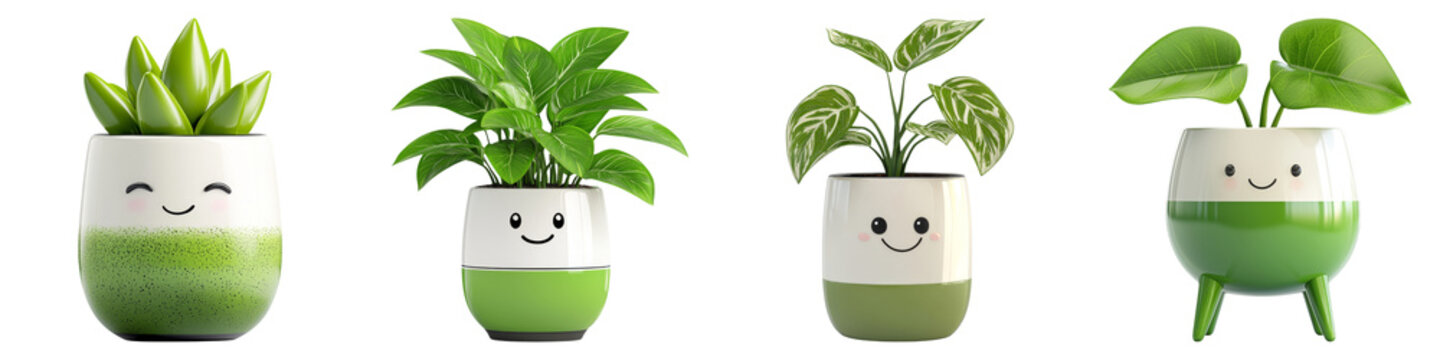 cute cartoon and clipart concept. Cute potted plants with smiling faces on a black background, perfect for home decor themes.