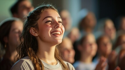 A soloist singing the anthem with passion at a community gathering, with people in the background clapping along.