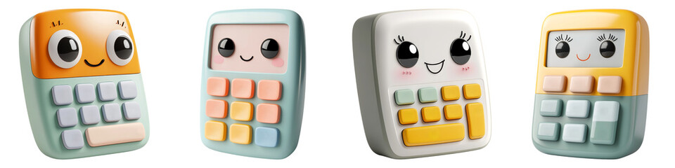 cute cartoon and clipart concept. Cute calculator characters with expressive faces in a playful arrangement.