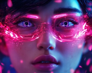 Explore futuristic compliance systems intertwined with privacy awareness, depicted through abstract glowing data streams enveloping a woman's face with radiant magenta goggles The image captures the