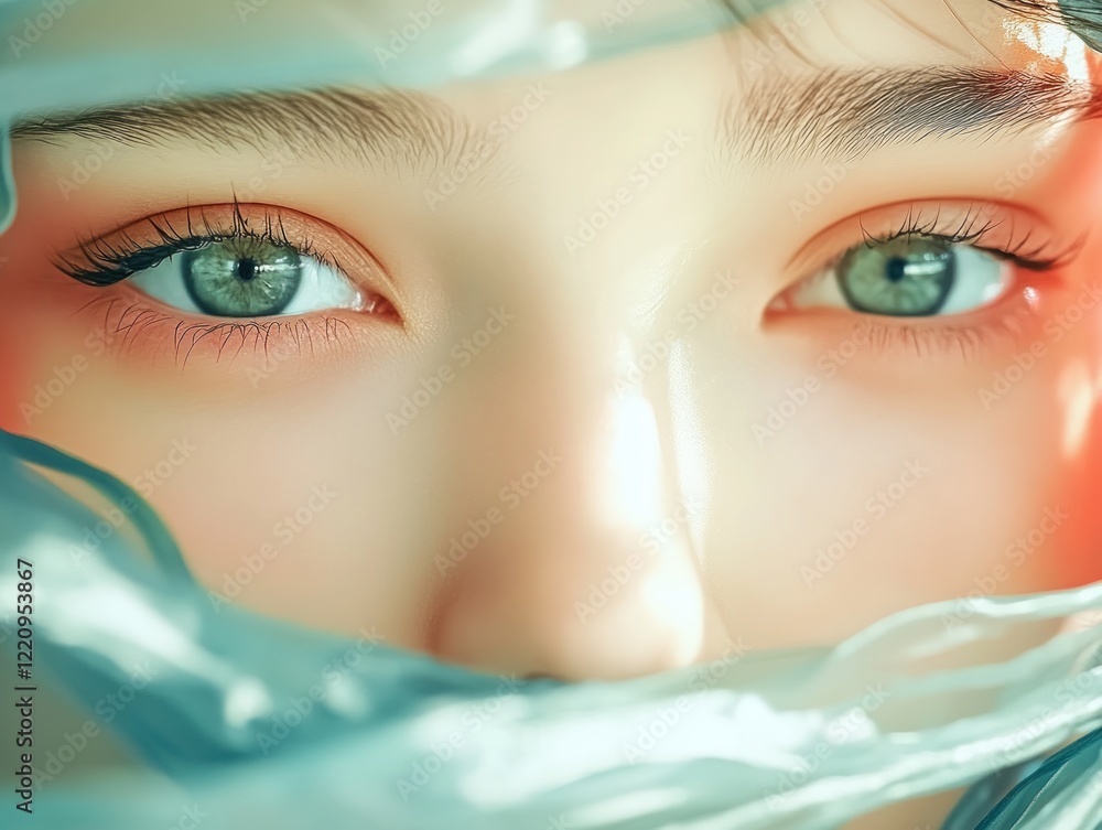 Aufkleber explore the allure of captivating green eyes framed by sheer fabric, creating an abstract representa