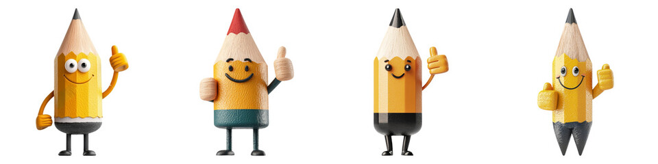 cute cartoon and clipart concept. Four cheerful cartoon pencils with arms and thumbs up, showcasing playful character designs.