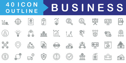 Business icon set collection. Consist of Investment, Target, Contract, Planning, Financial, Analysis, Search, Money. Simple vector outline illustration.