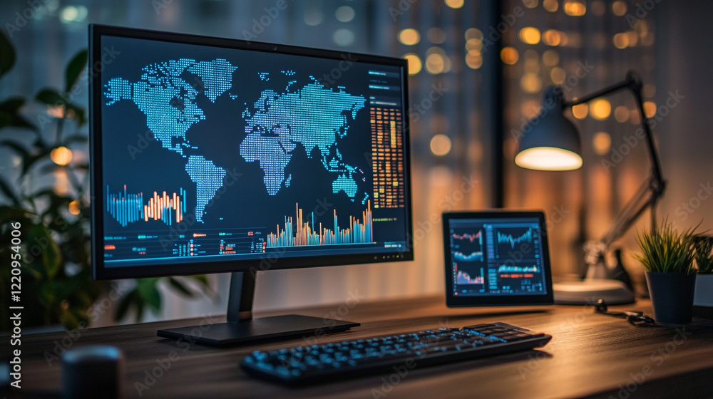 Aufkleber modern workspace with data visualization displayed on multiple screens at night