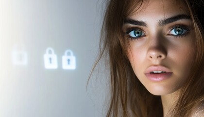 Explore the future of digital security with this stunning image of a woman alongside glowing padlocks and data streams on a futuristic interface an engaging visual representation of the encryption