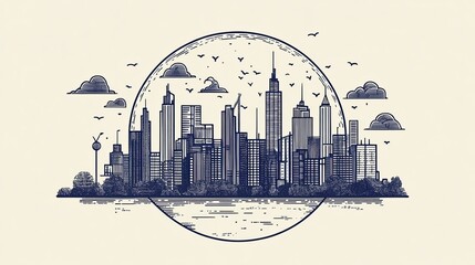 Obraz premium Circular cityscape line drawing, simple and stylish illustration