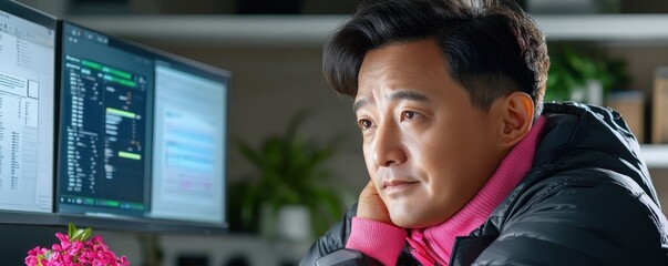 Observe a cybersecurity professional in action, meticulously managing intricate protocols across a multi-screen interface, ensuring steadfast compliance and proactive risk prevention The image