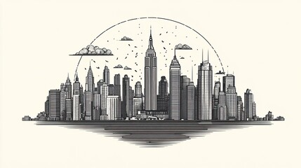 Naklejka premium Circular cityscape line drawing, simple and stylish illustration
