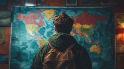 Fototapeta premium Person gazing at world map in cozy room with warm lighting and rustic decor