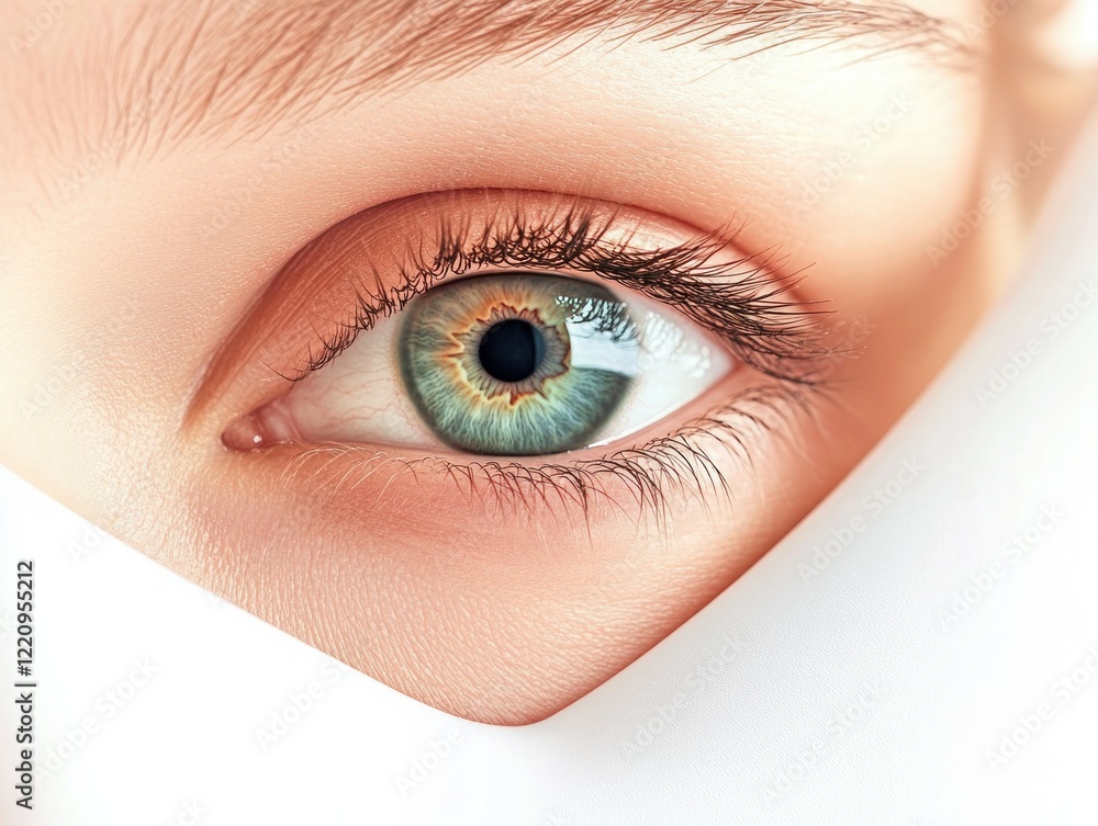 Poster this image displays a close up of a human eye with a vibrant green iris the eye is framed by fair sk