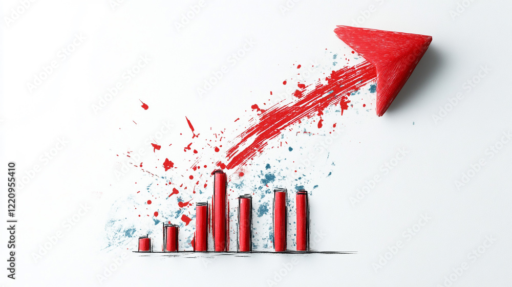 Poster dynamic red arrow soaring above a bar graph symbolizing growth and progress