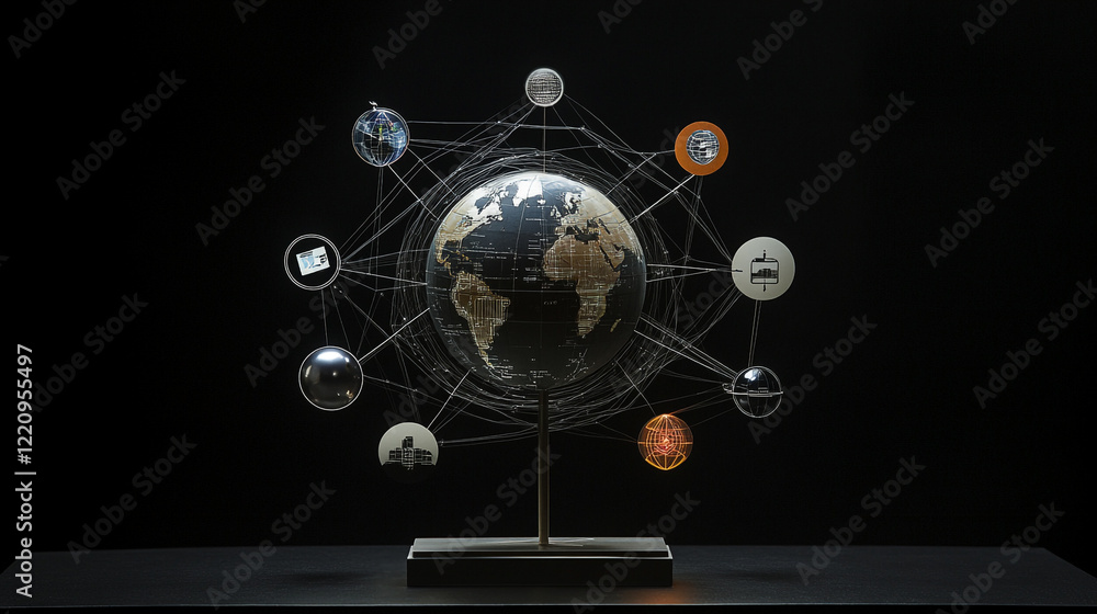 Poster modern globe model with digital connections and data symbols in a dark environment