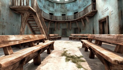 This image does not depict a firewall awareness session, a professional trainer, security diagrams, nor a modern training environment It shows a circular room with wooden benches arranged in a circle