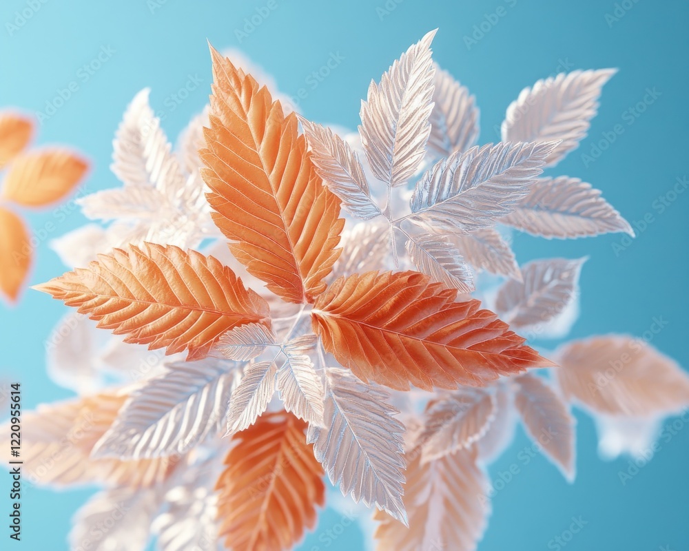 Poster this image showcases delicate, stylized leaves in vibrant orange and soft white hues against a seren