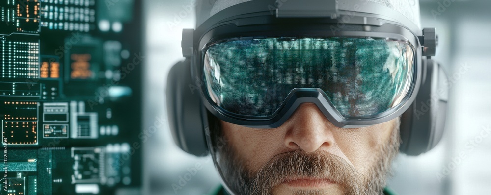 Poster a focused individual wears advanced augmented reality goggles, immersed in a tech-rich environment f