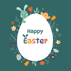 Egg-shaped frame with spring flowers, Easter bunny, chicken, colorful eggs.