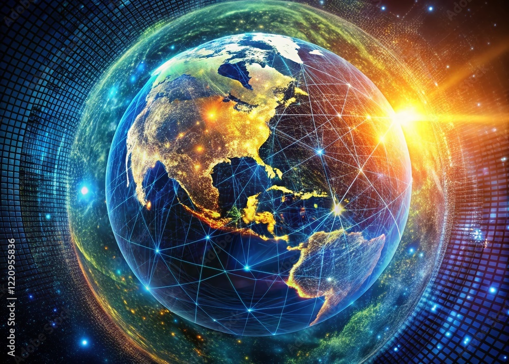Poster rotating earth globe with futuristic digital data grid overlay - stock photo