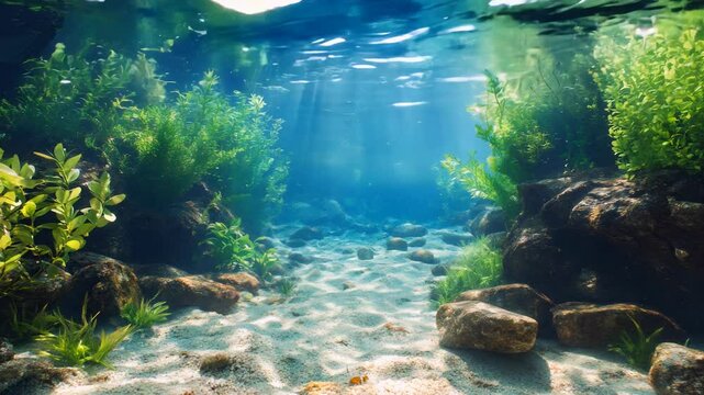 Sunbeams illuminate a pristine underwater riverbed.  Clear water reveals a sandy bottom, rocks, and lush aquatic plants. Tranquil and serene aquatic scene.