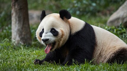 Obraz premium A panda is sticking its tongue out at another panda