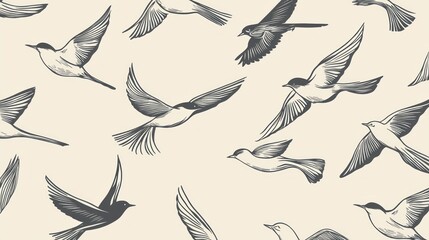 Obraz premium Elegant Flock of Birds in Flight: A Seamless Pattern of Vintage Bird Illustrations