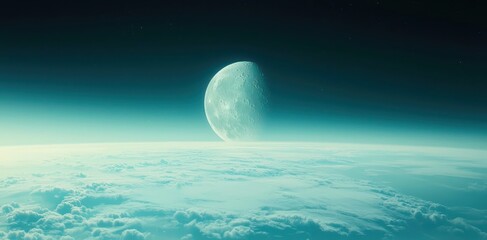 Large moon is in the sky above a blue planet