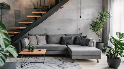 Modern Living Room Interior Design with Gray Sectional Sofa and Concrete Wall