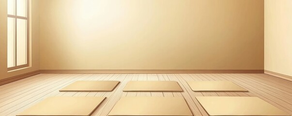 Empty room, sunlight, wooden floor, mats, zen. Website background