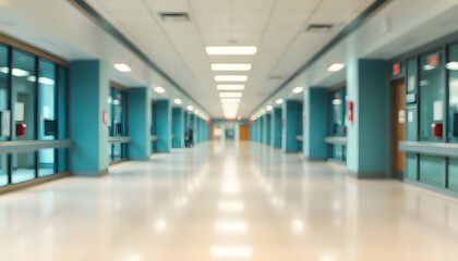 A blurred hospital interior with a bright white corridor and large panoramic windows, creating a clean and professional medical concept background. Ideal for banner designs with copy space.

