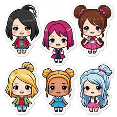 Colorful chibi-style characters showcasing diverse hairstyles and outfits, perfect for stickers or digital art.