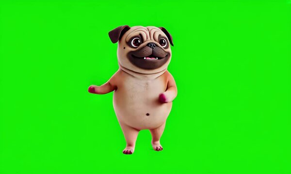 Full body anthropomorphic cartoonish 3d cute dog pug puppy, dancing on two legs, looped. isolated on green screen chroma key transparent background