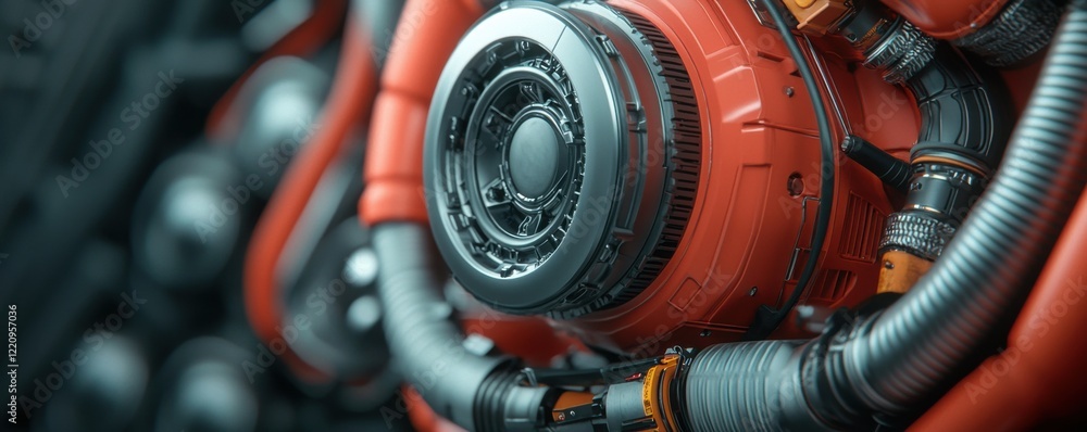 Poster a close-up view of an intricate mechanical component featuring a circular design, metallic textures,