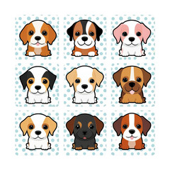Obraz premium A grid of nine cute cartoon puppies with various fur patterns and colors, showcasing their playful expressions.