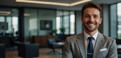 Fototapeta premium A business professional in a formal suit, smiling and standing with arms crossed in a sleek office