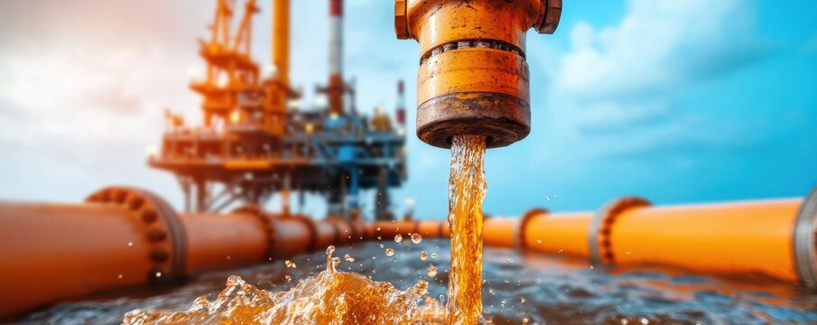 An oil rig extracts crude oil, with pipes visible pouring liquid into the water, showcasing industrial energy production at sea.
