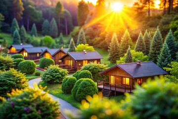 Obraz premium Luxurious Eco Cabins Sunset Greenery Tilt-Shift Photography