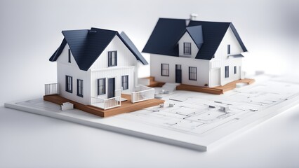 3D rendering of two modern house models on architectural blueprints.