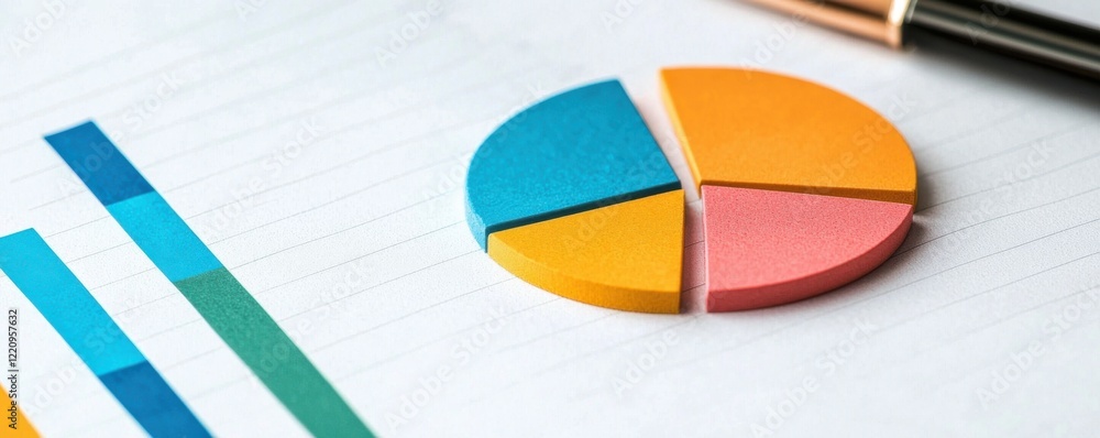 Poster a vibrant pie chart alongside colorful bar graphs on a clean workspace, ideal for data visualization