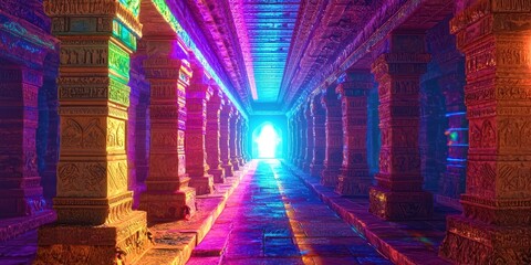 Long hallway with colorful pillars