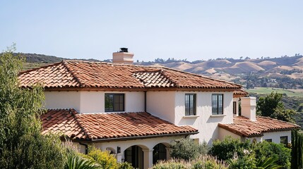 Mediterranean Style Home with Terracotta Roof and Hillside View