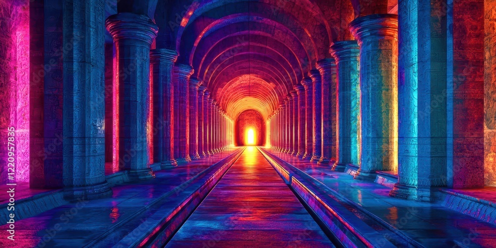 Poster long tunnel with colorful pillars and a light shining through