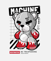 machine slogan with cartoon bear robot toy graphic vector illustration