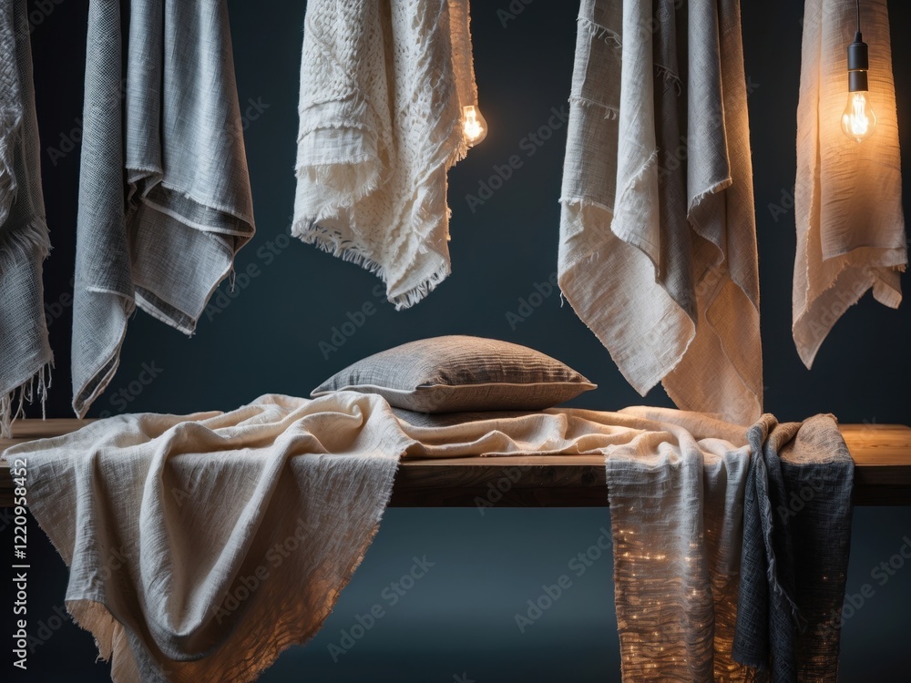 Poster a cozy display of soft fabric drapes and a decorative pillow, illuminated by warm light, creating an