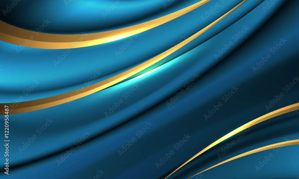Poster abstract gold line curve on blue wave background texture vector