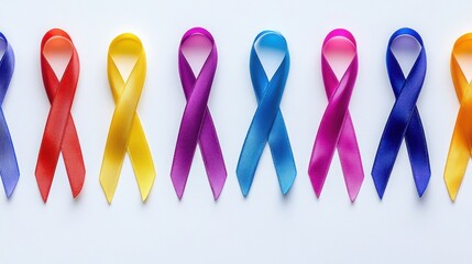 A close-up of multi-colored ribbons symbolizing support for all types of cancer awareness. The ribbons are arranged in a circular pattern on a white background to represent global unity and solidarity