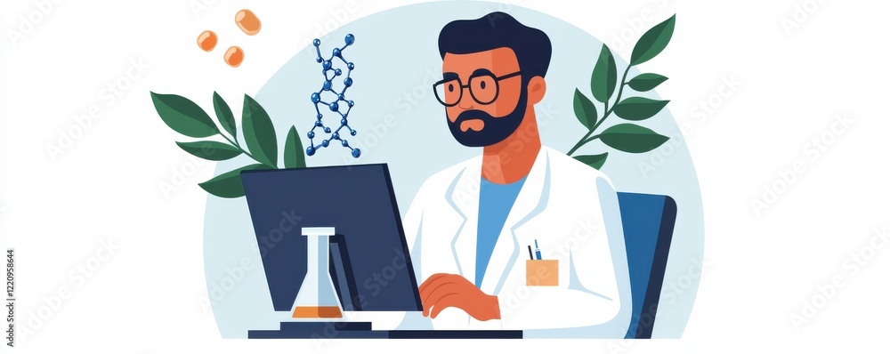 Poster a scientist in a lab coat works intently on a computer, surrounded by symbols of research and nature