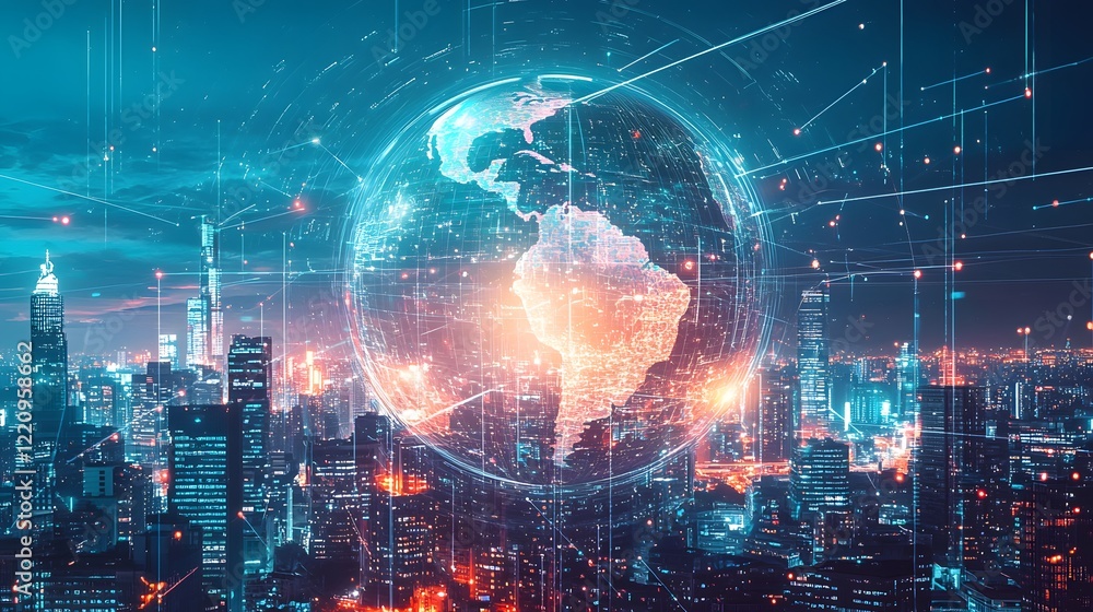 Poster a cyberpunk city skyline with glowing data streams, representing data sovereignty, with a globe in t